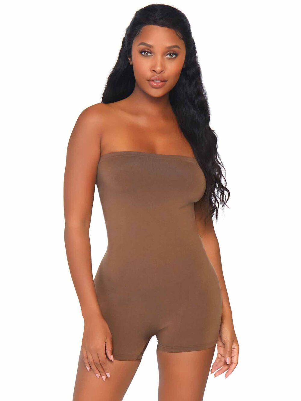 3845 Seamless Opaque Microfiber Strapless Romper, Tan, Small-Medium